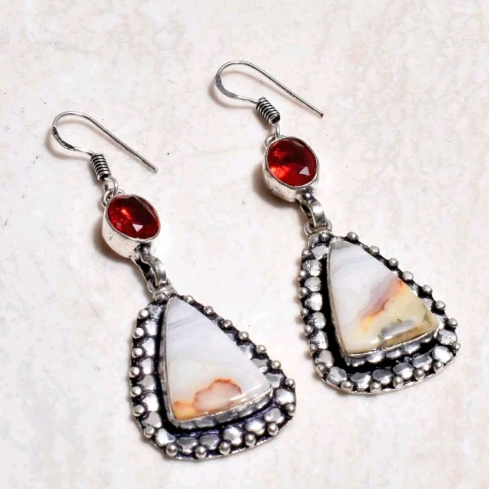 Gorgeous! Crazy Lace Agate Garnet Handmade Drop Dangle Earrings Jewelry 2.59"